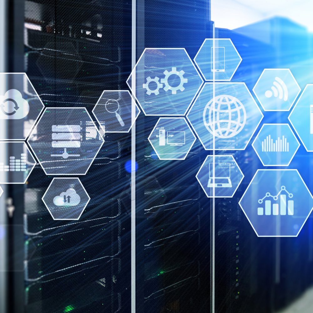 Hexagonal digital icons representing cloud computing, global connectivity, analytics, and automation overlaid on server racks in a data center, symbolizing enterprise platform services and technology integration.