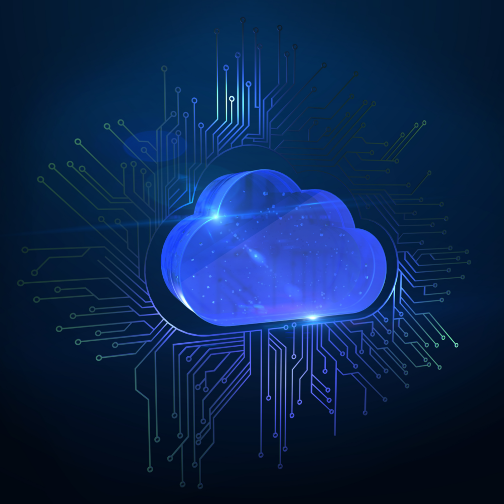 Blue glowing cloud icon surrounded by interconnected circuit lines on a dark background, symbolizing cloud computing technology and digital network infrastructure.