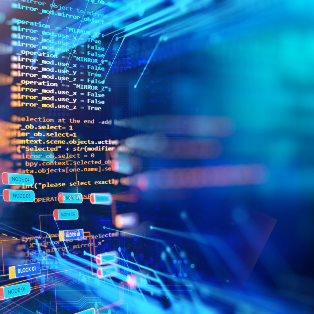 Abstract representation of data and analytics with colorful programming code, digital nodes, and circuit-like patterns overlaid on a blue futuristic background, symbolizing big data processing and advanced analytics.