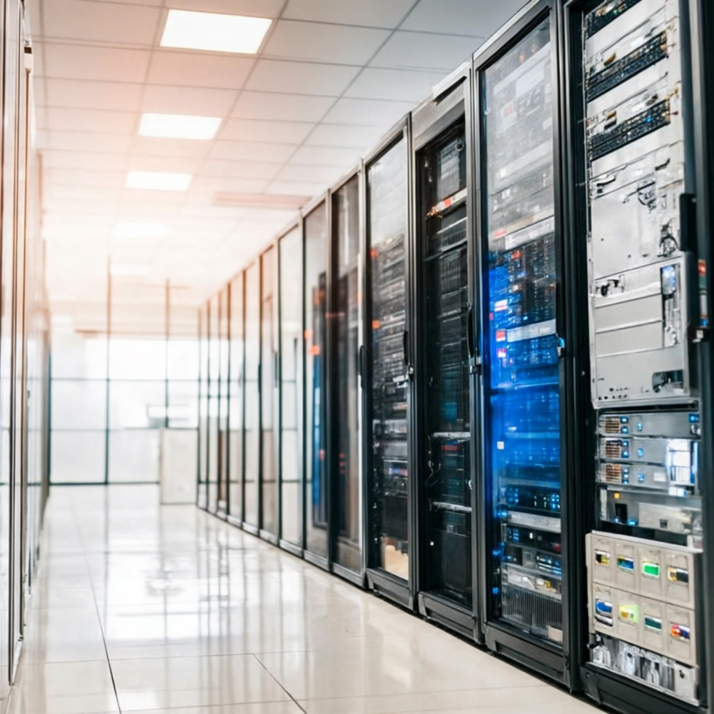Modern data center with rows of server racks and network equipment enclosed in glass panels, representing IT infrastructure and enterprise computing systems.
