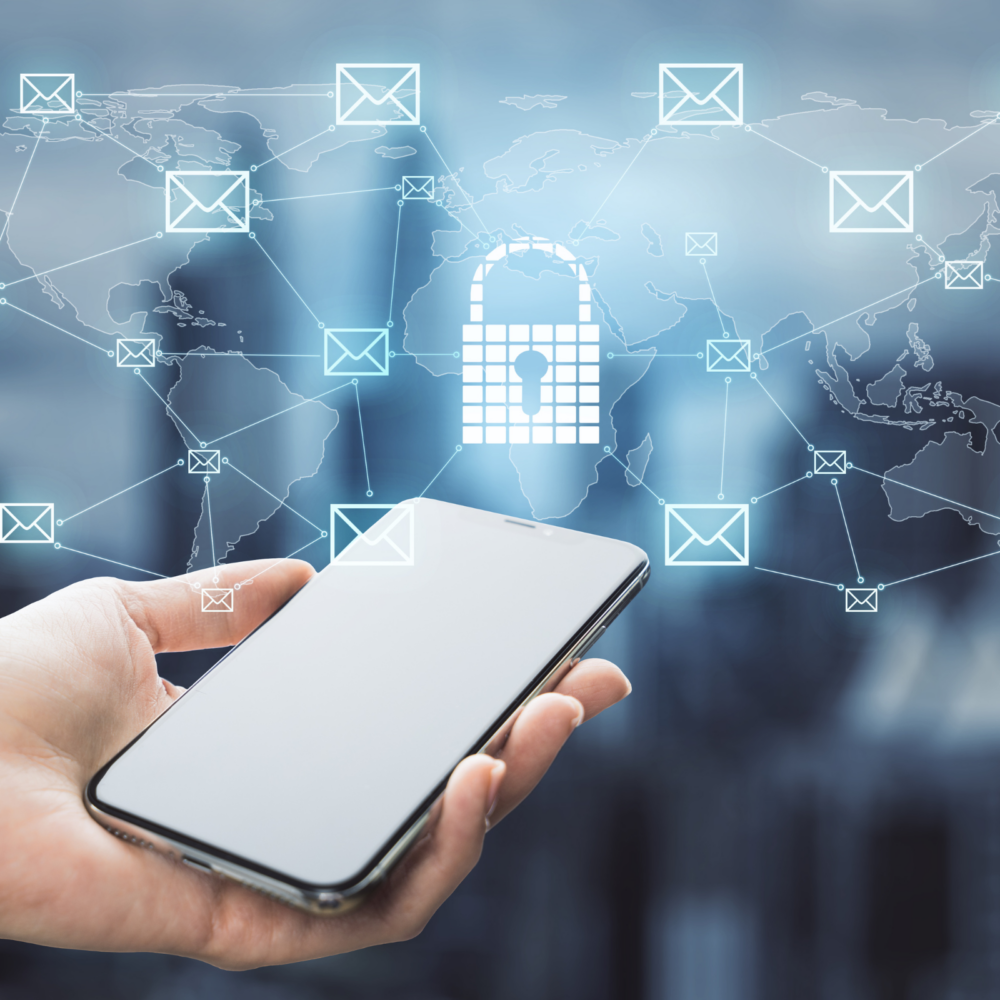 Hand holding a smartphone with a digital lock icon and interconnected email symbols over a world map background, representing cybersecurity, secure communication, and data protection.