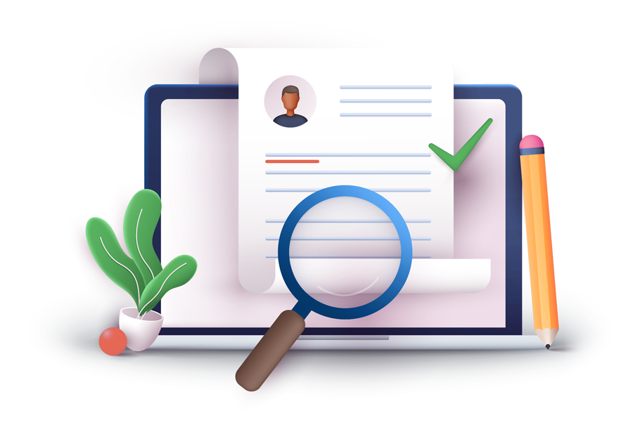 This image features a laptop displaying a resume with a magnifying glass, pencil, and plant, symbolizing the recruiter’s process of reviewing candidates and searching for top talent. It visually represents the detailed work recruiters do to connect job seekers with the right opportunities.