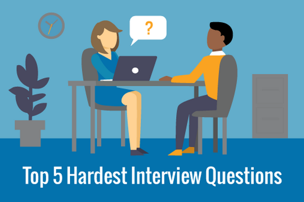 Illustration of a job interview scenario with a candidate and recruiter discussing the hardest interview questions in a professional setting