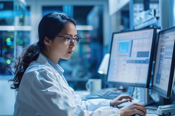A dedicated scientist in a lab coat works on multiple computer screens displaying data and graphs, focusing intently on scientific analysis in a high-tech laboratory setting.