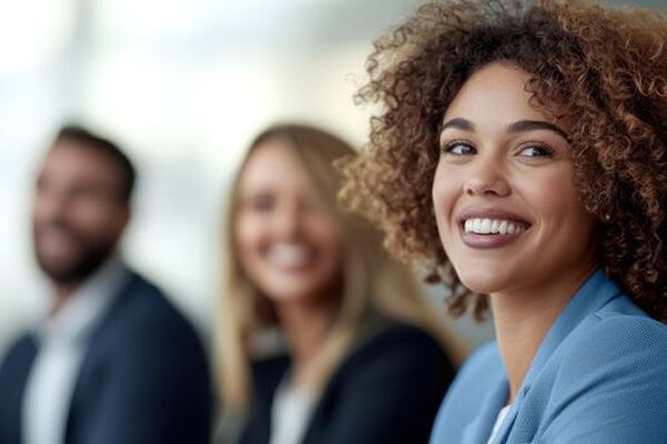 Smiling professional woman in a blue blazer representing MSP VMS workforce support in a modern office