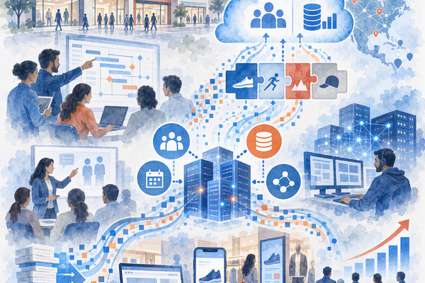 Watercolor illustration of retail storefronts, cloud systems and connected data infrastructure linking online, mobile and in-store shopping.